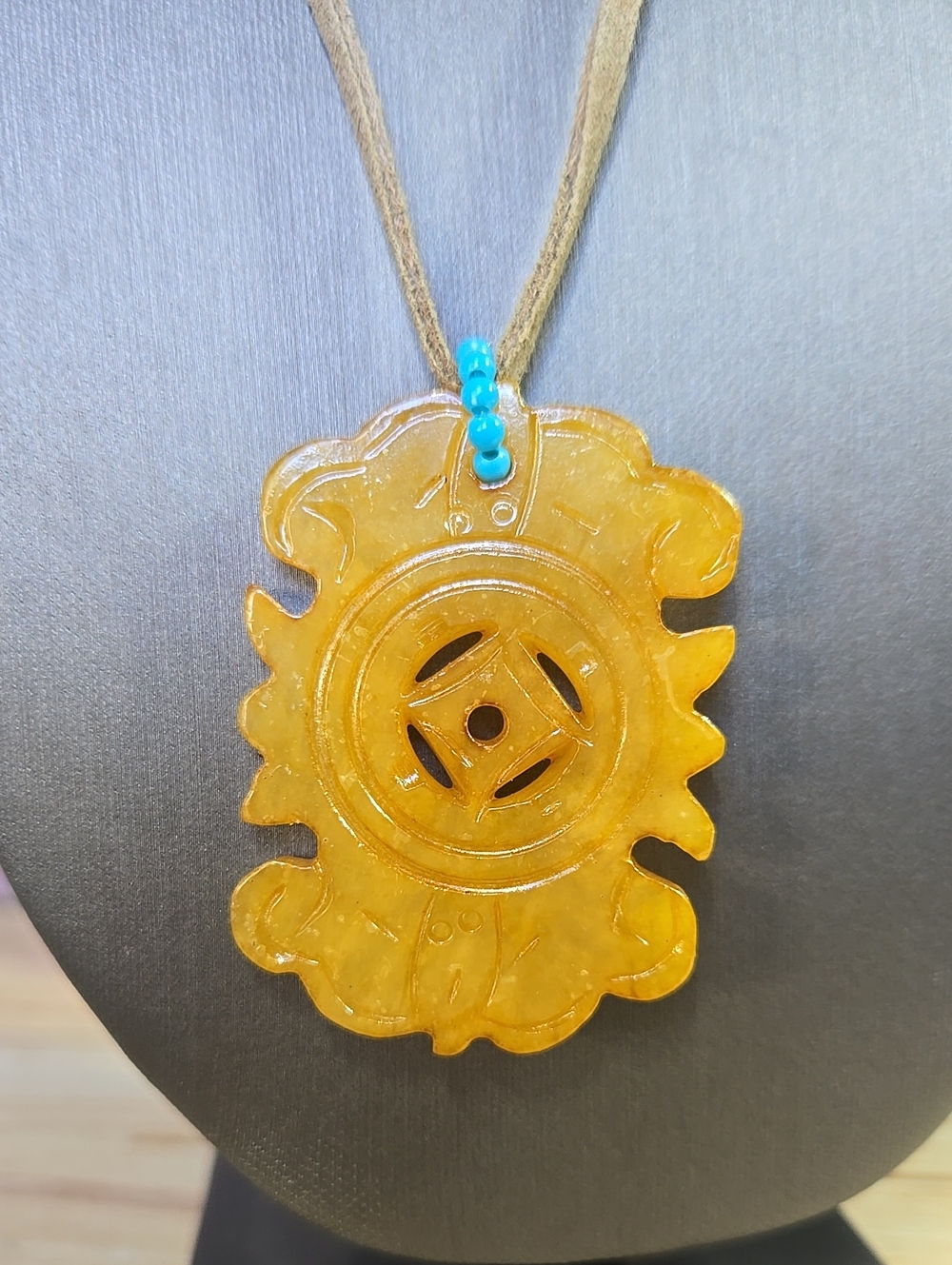 Carved Yellow Jade Pendant Necklace with Turquoise Bead Accent